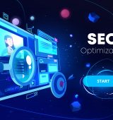 Seo optimization banner, marketing business technology, monitor with data analysis platform on screen, website research, neon glowing futuristic background. Cartoon vector illustration, landing page
