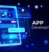 App development banner, adaptive layout application web interface on smartphone touch screen, user software API prototyping, testing, neon glowing background. Cartoon vector illustration, landing page