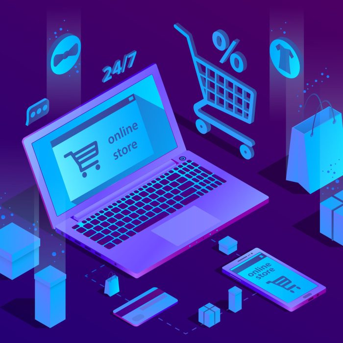 Vector 3d isometric e-commerce concept, online store Vector 3d isometric concept of e-commerce, online store. Shopping service, payment by smartphone or laptop and delivery. Illustration in purple, ultraviolet colors.